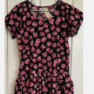 NWT Vintage 80s Black Pink Rose Print Midi Dress Womens Size S Appel Pockets USA
